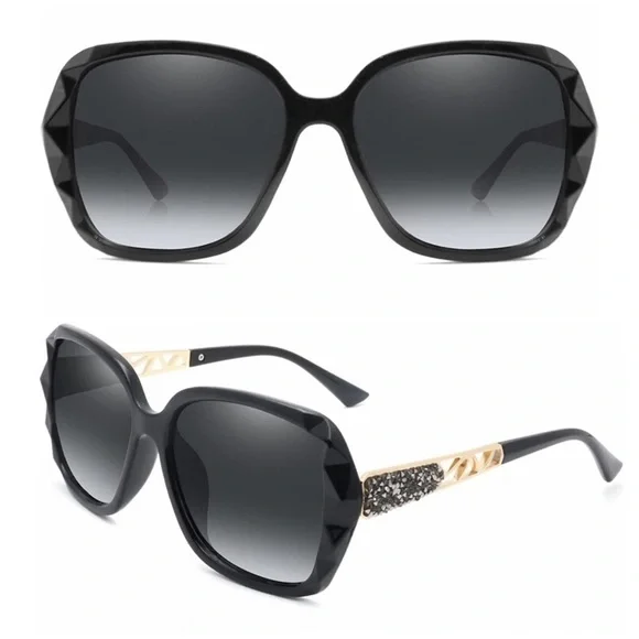 Black & Gold Oversized Square Sunglasses Polarized Tinted w Crystal Frames Nwt - Picture 6 of 13